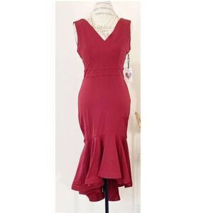 IRIS NWT Midi High Low V-neck Cocktail Burgundy Dress MEDIUM